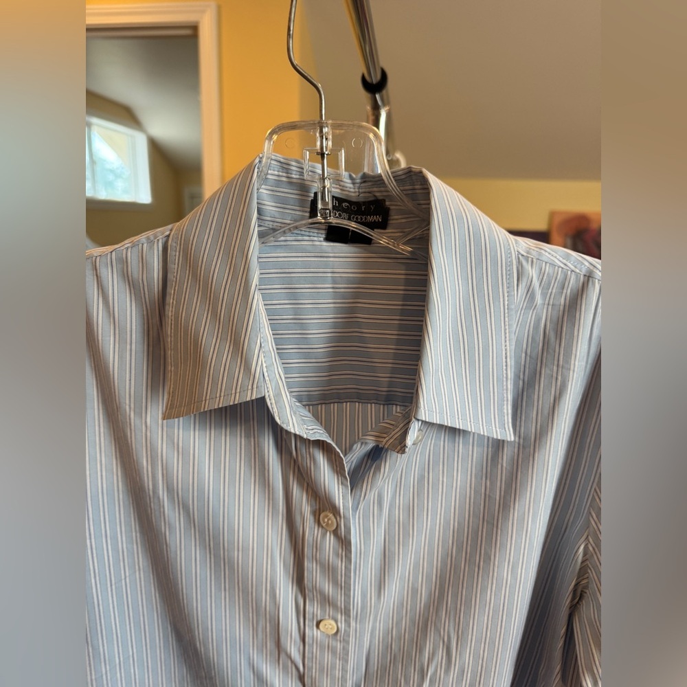 Theory Blue White Striped Button Down Shirt Lightweight Long Sleeve Blouse M - Picture 8 of 14